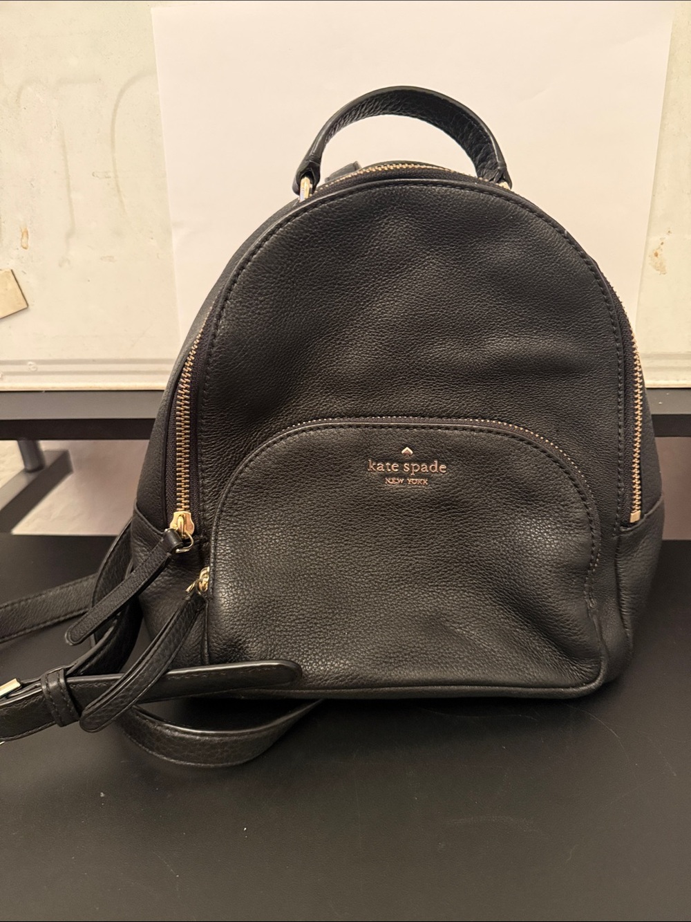 kate spade Black Pebbled Leather Mini Backpack with Gold Hardware